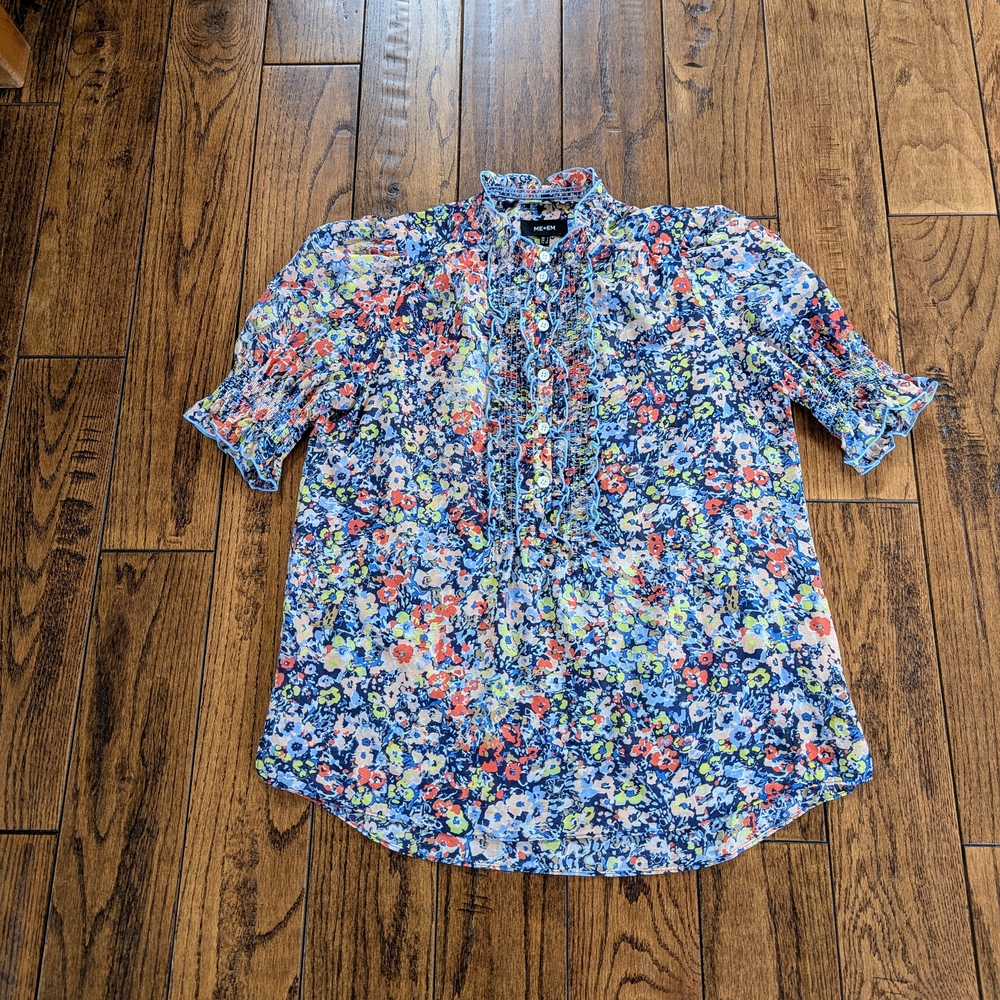 ME+EM Floral Ruffle-Front Blouse in Blue, Coral, Lime